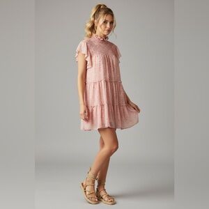 Gabby Skye Women's Dress Size 16 Pink Floral Ruffle Neck Tiered Short Sleeve‎